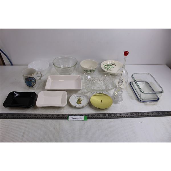Assorted Dishes (Bowls, Small Casserole Dishes, Dinner Bells, 2 Fernleigh English Semi Porcelain)