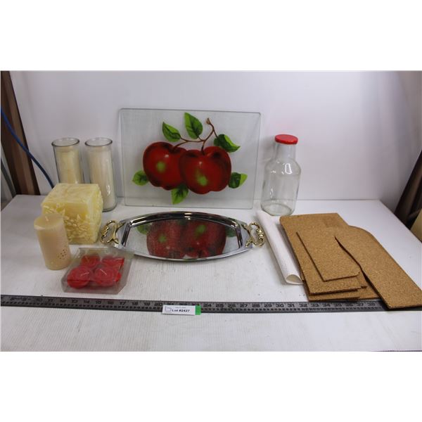 10th Anniversary Stainless Steel Serving Platter, Glass Cutting Board, Assorted Candles, Scrap piece