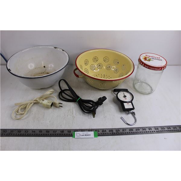 Vintage Metal Mixing Bowl & Strainer, Vintage Glass Squirrel Peanut Butter Jar, Austin House Food Sc