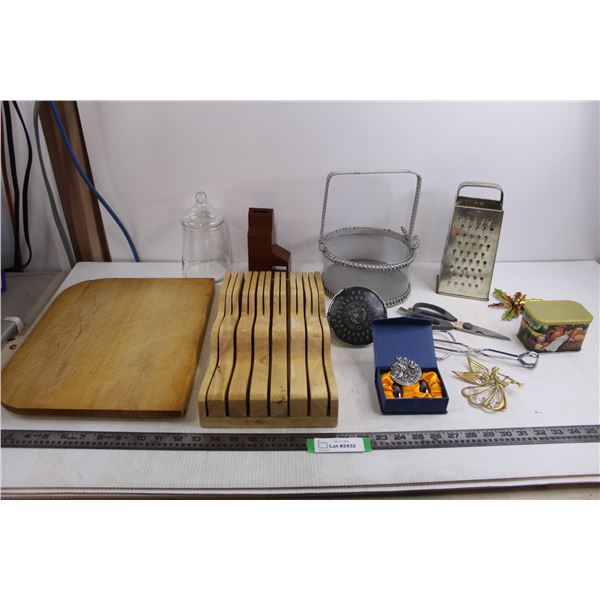 Wooden "Sink Size" Cutting Board, Wooden Knife Block, Granary Coin Bank, Metal Mesh Basket, Shower H
