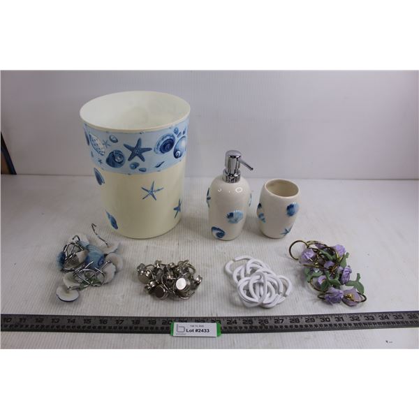 Bathroom Amenities Lot ("Seashell" Set Soap/Toothbrush Holder/Garbage, Assorted Shower Curtain Rings