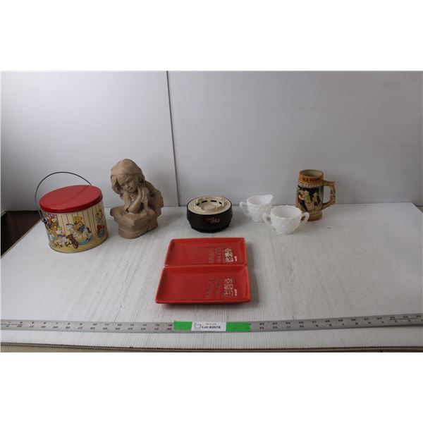 Cordless Electric Ashtray- As Is, Teddy Bear Tin, Girl Bust Statue, Misc.