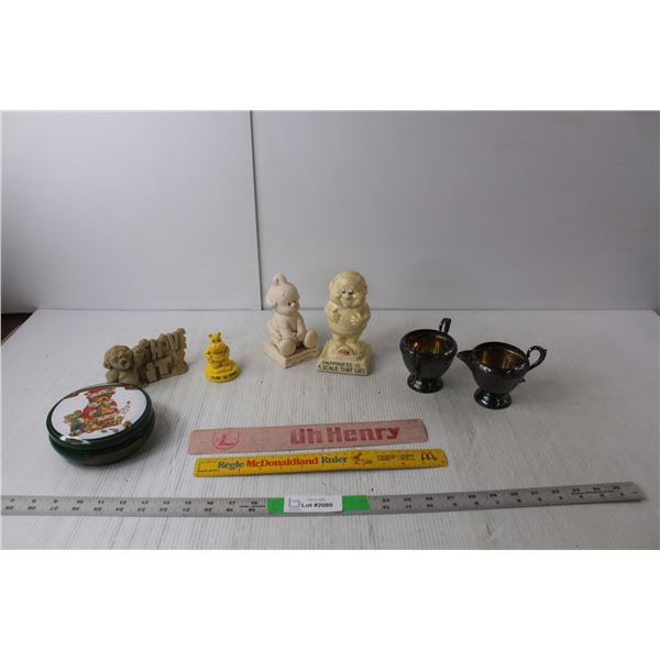 Copper Creamer & Sugar Bowl, (4) Figurines Up to 6" Tall, Teddy Bear Tin, (2) Vintage Rulers