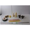 Image 1 : Copper Creamer & Sugar Bowl, (4) Figurines Up to 6" Tall, Teddy Bear Tin, (2) Vintage Rulers