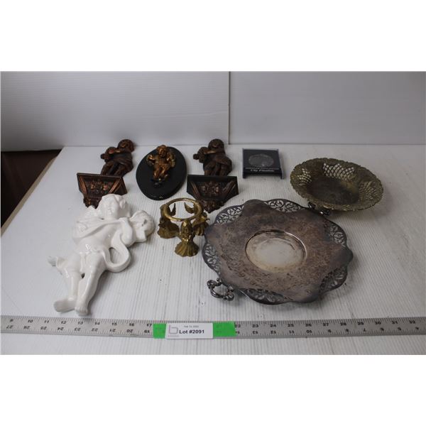 (5) Angel Figurines, Vintage Tray and Bowl, Youth Soccer Finalists Medal