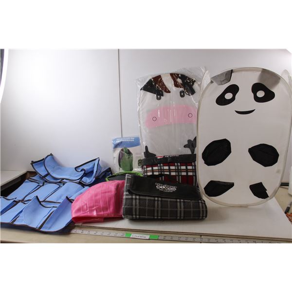 Inflatable Exercise Ball, (3) Collapsible Laundry Hampers, Hanging Storage Compartment, (2) Picnic B