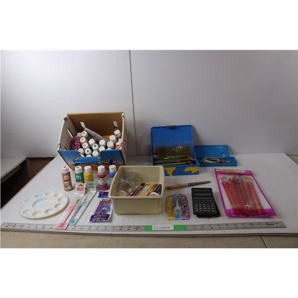 Acrylic Paints, Paintbrushes, Geometry Set, Pencil Crayons