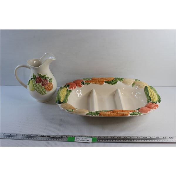 Porcelain Decorative Pitcher and Divided Serving Platter