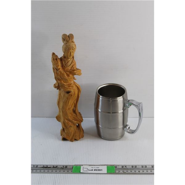 Carved Wood East Asian Statue and Metal Mug