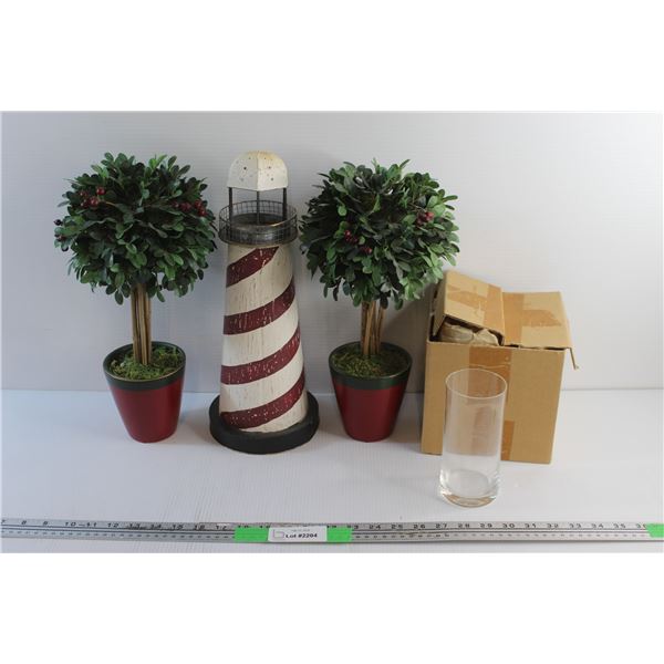 (2) Artificial Plants, Lighthouse Decor and (4) Glass Cups