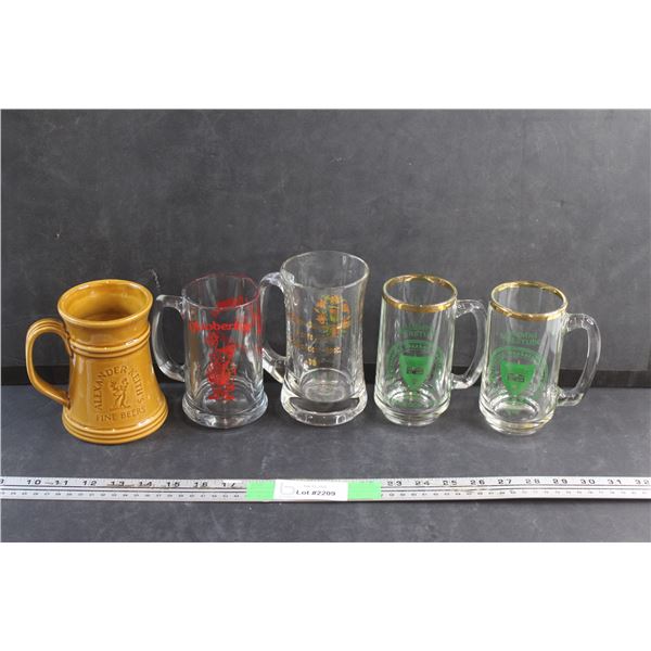 Beer stein and (4) Glass Beer Mugs