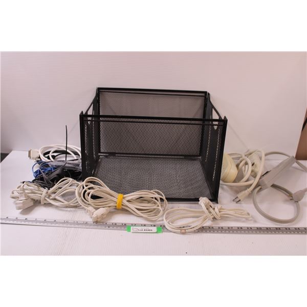 (3) Power Bars, (3) Extension Cords, Various Cords in Metal Crate Box - 15" x 13" x 10"