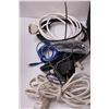 Image 2 : (3) Power Bars, (3) Extension Cords, Various Cords in Metal Crate Box - 15" x 13" x 10"