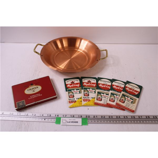 Copper Serving Bowl, Craven A Cigarette Tin, (5) Bale Booklets w/Grid Paper