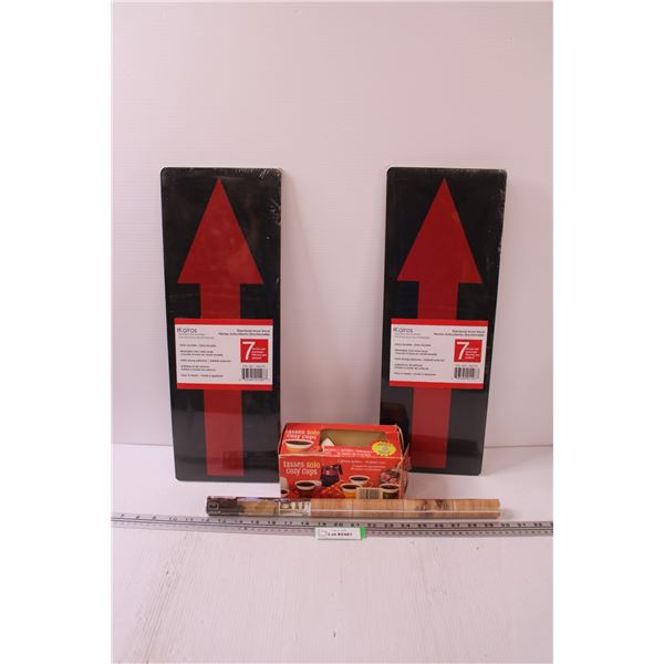 (2) Directional Arrow Floor Decals - Sealed, Faux Wood Grain Drawer Vinyl, Colo Paper Cups - As Is