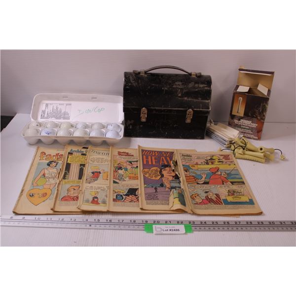 Dozen Golf Balls, Metal Lunch Kit, Archie Comic Books, Perming Rods in Box