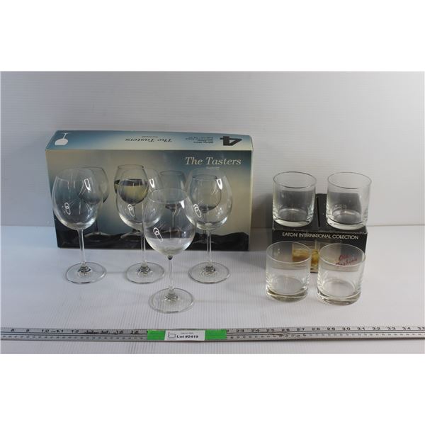 (4) The Tasters Fine Crystal Goblets and (4) Eaton International Collection Whiskey Glasses