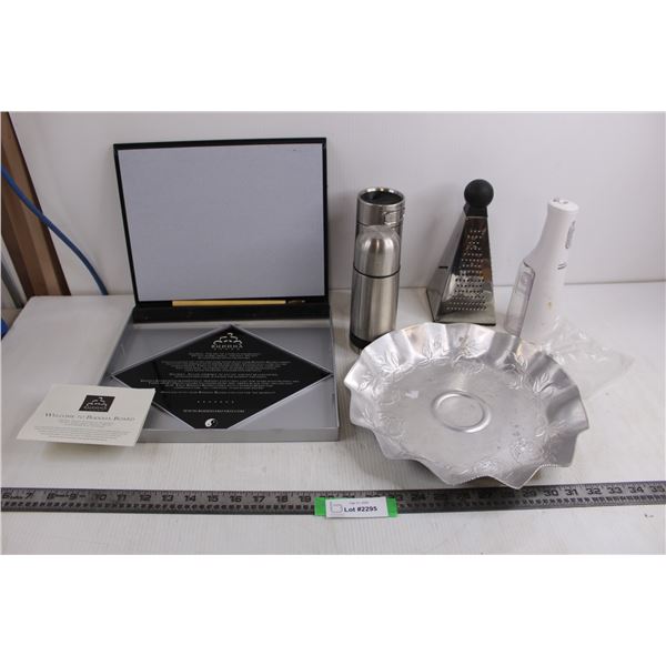 Buddha Art Board, Waterpik Water Flosser, Metal Serving Platter, Travel Mugs, Grater