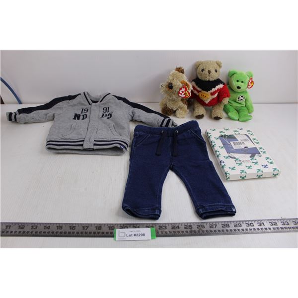 Nappiesbaby Boys Grey Jersey Cardigan, Boys Denim Sweatpants, Boys Romper 2 Piece, 2 Ty Beanie Babie