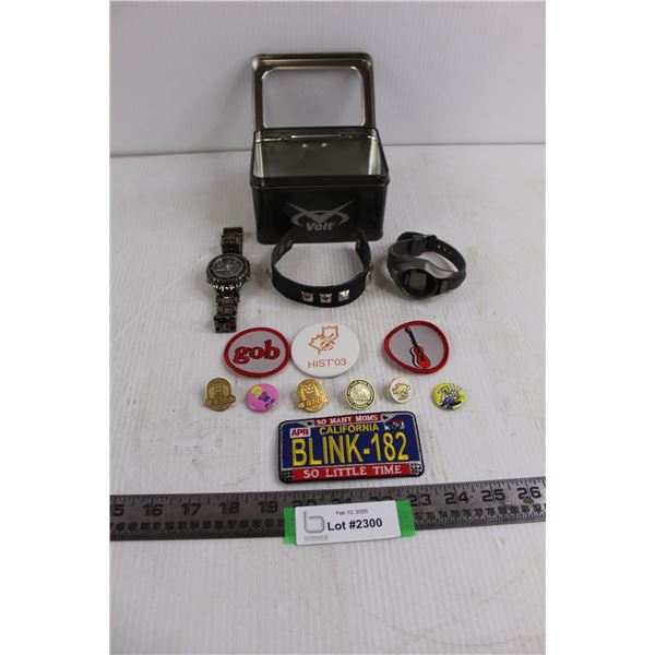 (2) Wrist Watches (Timex, Voit), Assorted Shirt Pins, Misc.