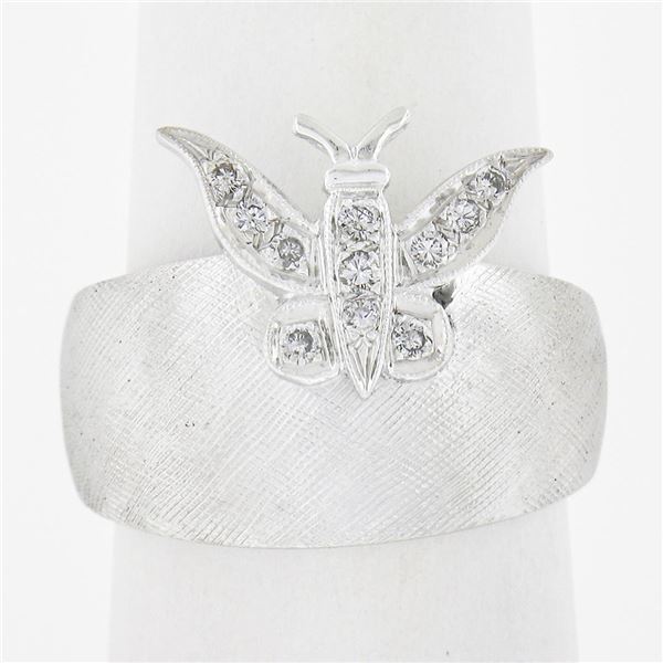 Vintage 14k Gold Florentine Finish Wide Band Ring w/ 0.13 ctw Diamond Butterfly