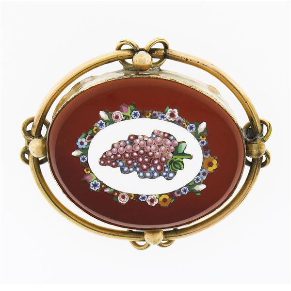 Antique 10k Gold Micro Mosaic Grape Scene Carnelian & Tube Frame Oval Pin Brooch