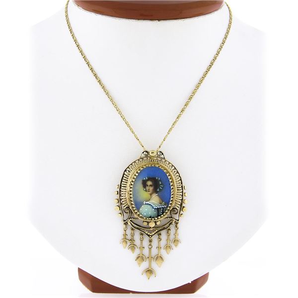 Vintage Victorian Revival 14k Gold Hand Painted Portrait Tassel Brooch Pendant
