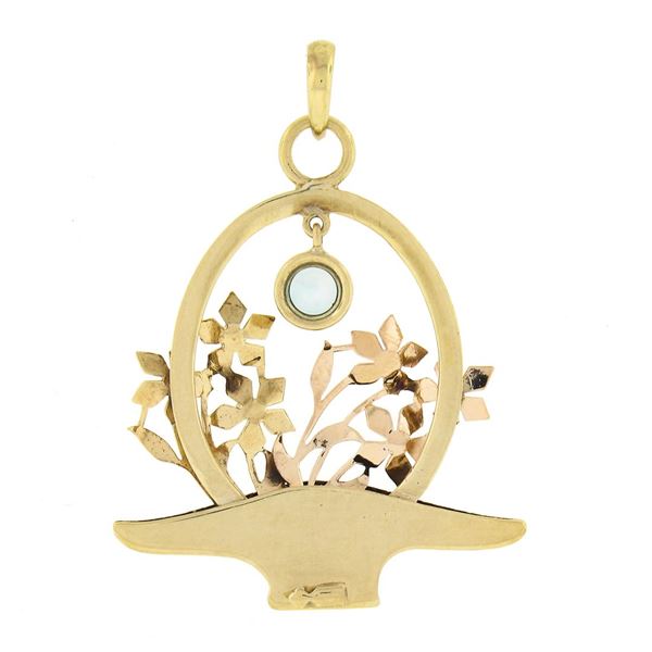 Vintage 14k TT Gold .75 ctw Bezel Blue Zircon Detailed Flower Basket Charm Penda