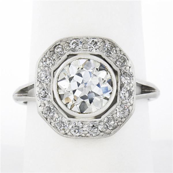 Antique Edwardian Platinum 2.99 ctw GIA European Diamond Bezel & Pave Platter Ri
