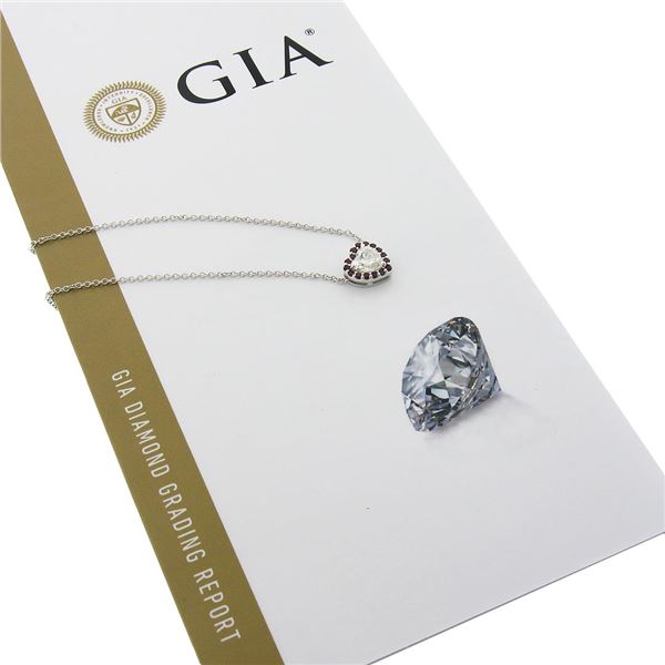 18K White Gold GIA Heart Brilliant Diamond & Ruby Halo Slide Pendant Necklace