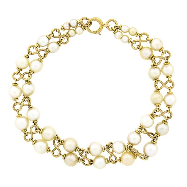 Vintage 14K Gold 6.75" Dual Row Graduating Pearl Figure 8 Infinity Link Bracelet