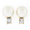 Image 1 : 14k Yellow Gold 7.9mm FINE Pearl w/ 0.54 ctw Princess Diamond Drop Stud Earrings
