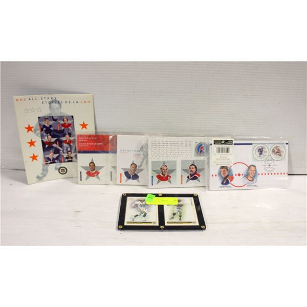 NHL STAMPS AND 2 NFL TRADING CARDS