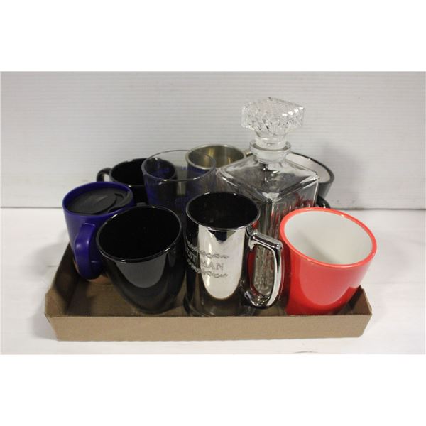 ASSORTED GLASSWARE, MUGS, STEINS AND DECANTER