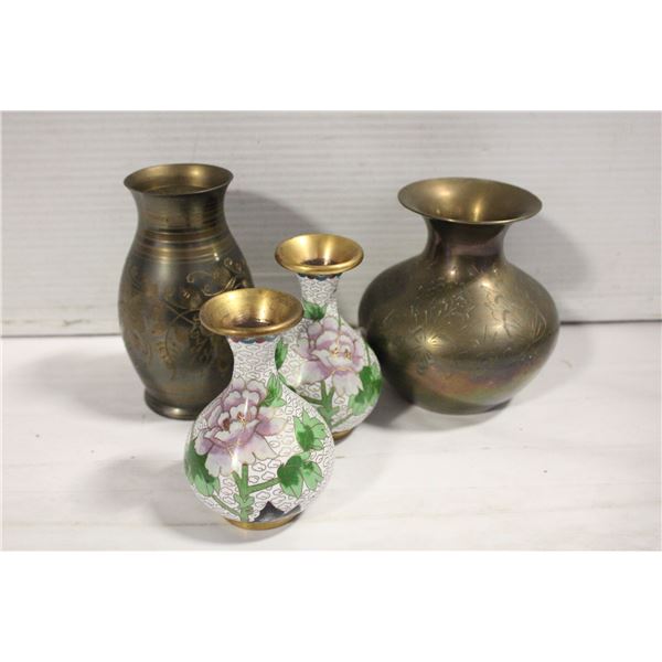 VINTAGE BRAS & CLOISONNE VASES- LOT OF 4 ASST.