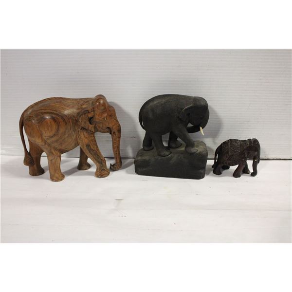 WOOD CARVED ELEPHANTS- LOT OF 3