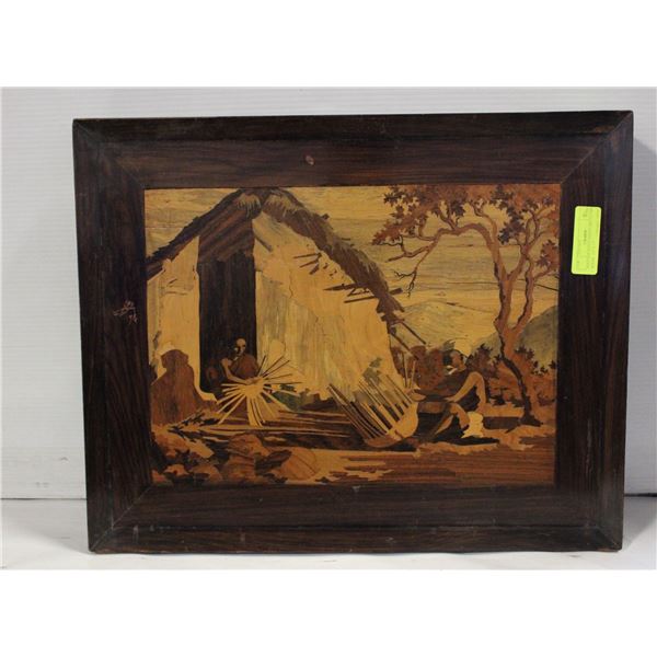VINTAGE WOOD INLAY MOUNTAIN SCENE- 21" X 17"