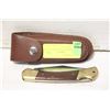 Image 1 : WOOD/BRASS FOLDING BUCK KNIFE IN BELT SHEATH