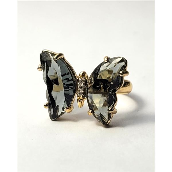 26)  GREY/GREEN CRYSTAL & GOLD TONE BUTTERFLY