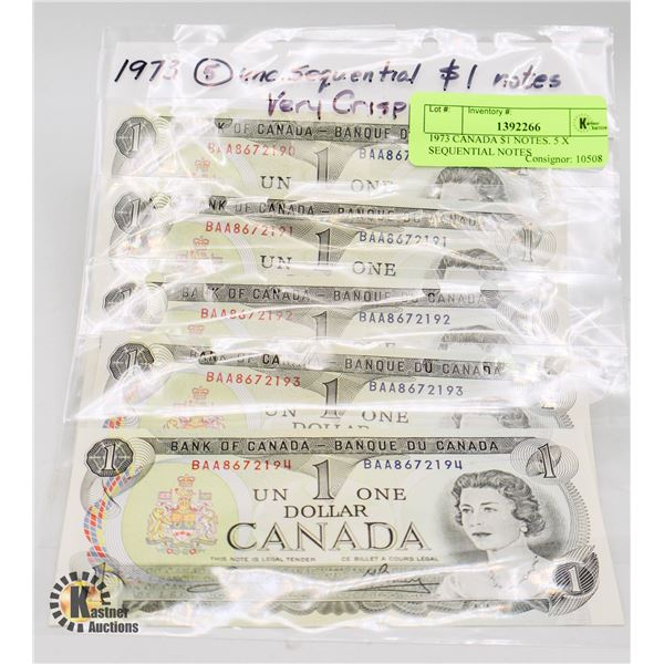 1973 CANADA $1 NOTES. 5 X SEQUENTIAL NOTES