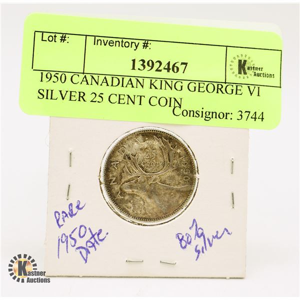 1950 CANADIAN KING GEORGE VI SILVER 25 CENT COIN