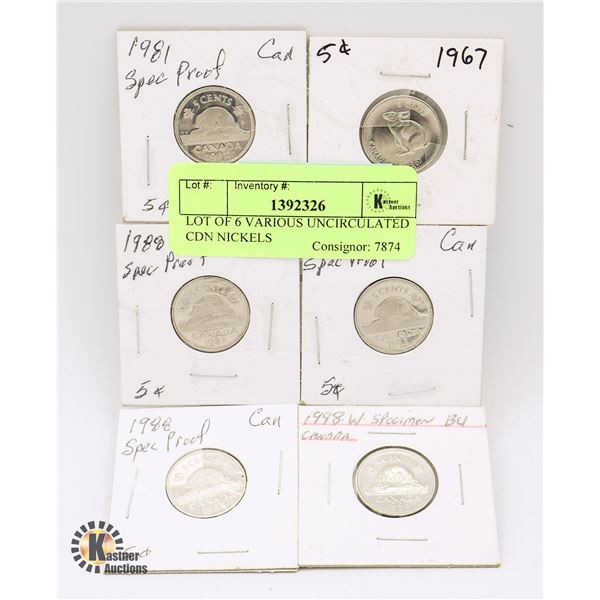 LOT OF 6 VARIOUS UNCIRCULATED CDN NICKELS