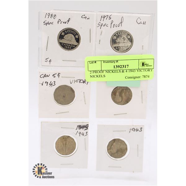 2 PROOF NICKELS & 4 1943 VICTORY NICKELS