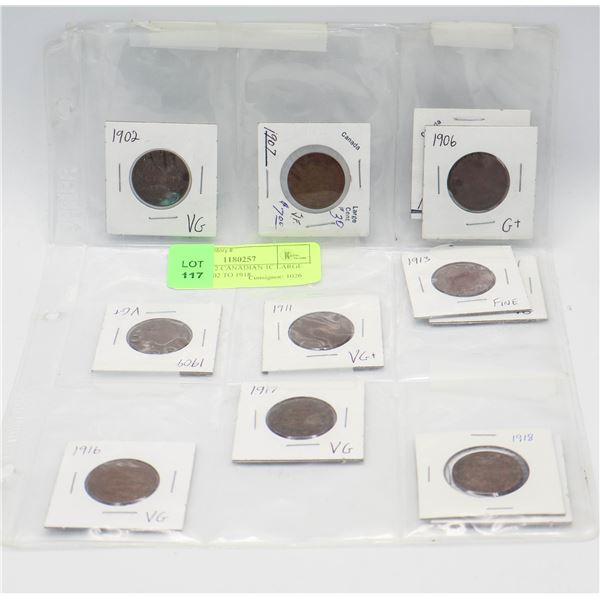 SHEET OF 12 CANADIAN 1C LARGE PENNIES 1902 TO 1918
