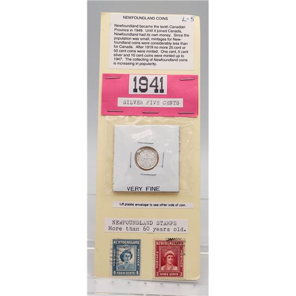 1941 SILVER 5 CENTS NEWFOUNDLAND & STAMPS