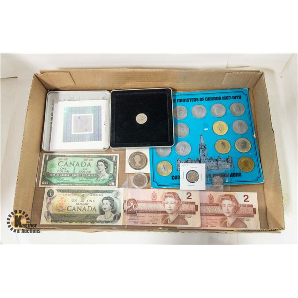BOX CANADIAN COINS & NOTES + SILVER 1964 DIME
