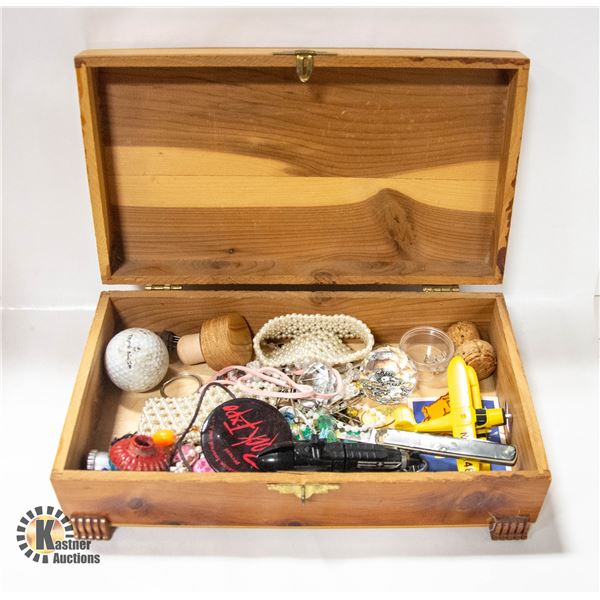WOODEN BOX WITH ESTATE ITEMS INCLUDES CRYSTAL-