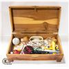 Image 1 : WOODEN BOX WITH ESTATE ITEMS INCLUDES CRYSTAL-