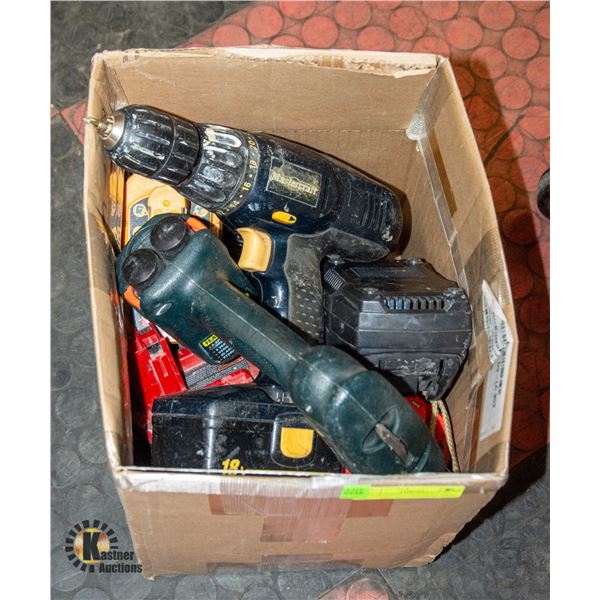 BOX OF ASSORTED TOOLS AND BATTERIES