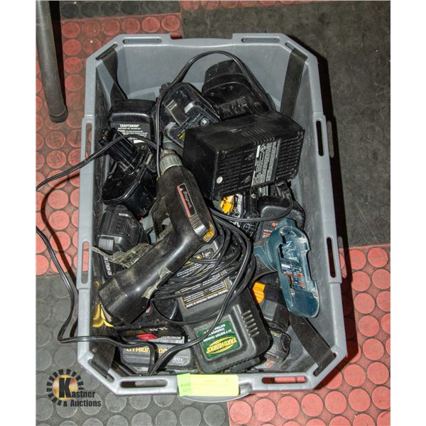 TOTE OF ASSORTED TOOLS AND BATTERIES
